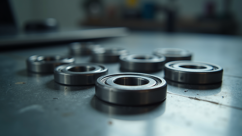 Close-up view of various industrial bearings arranged on a metal surface