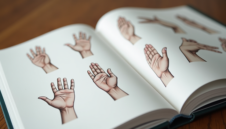 Close-up view of an open book showing ASL hand signs and illustrations