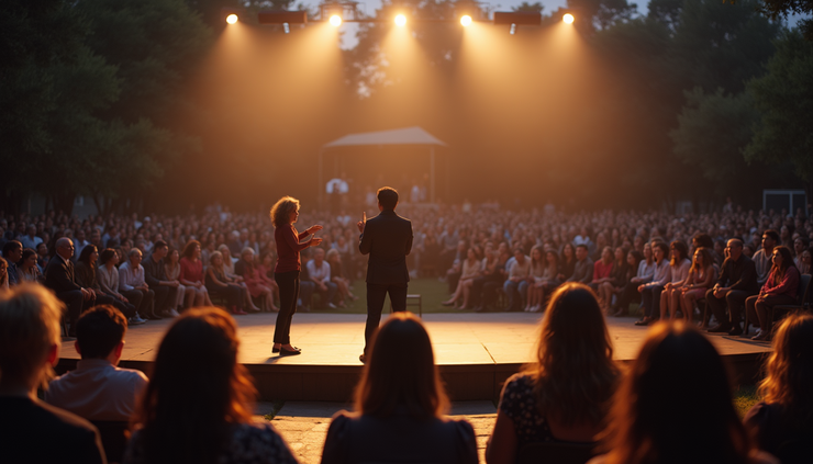 Eye-level view of a vibrant outdoor theater stage with sign language interpreters