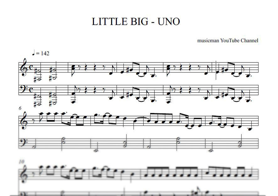 Sheets music for the song LITTLE BIG - UNO (example of notes)