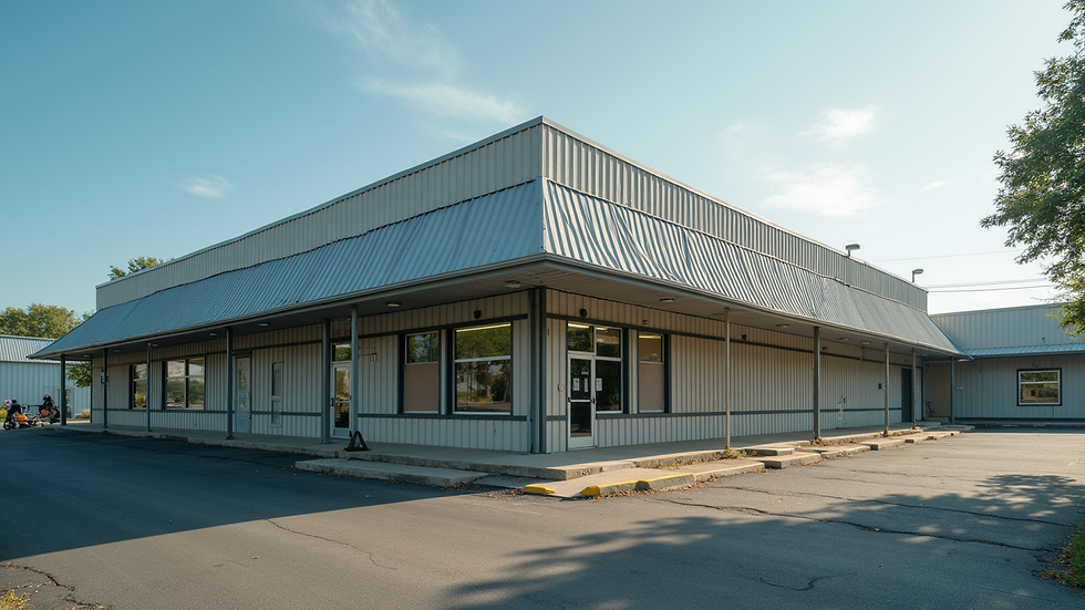 Eye-level view of a commercial building with a metal roof