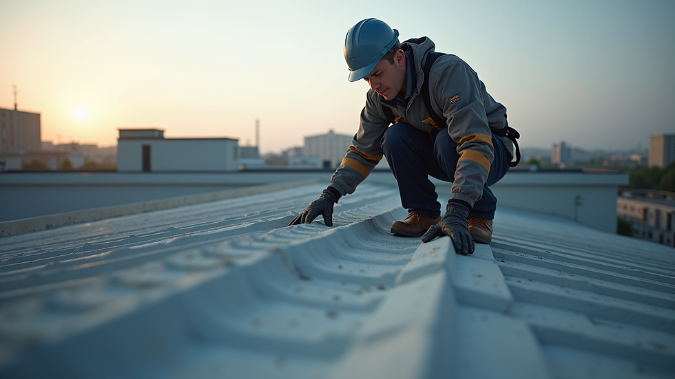 Close-up view of a roofing professional inspecting a commercial roof