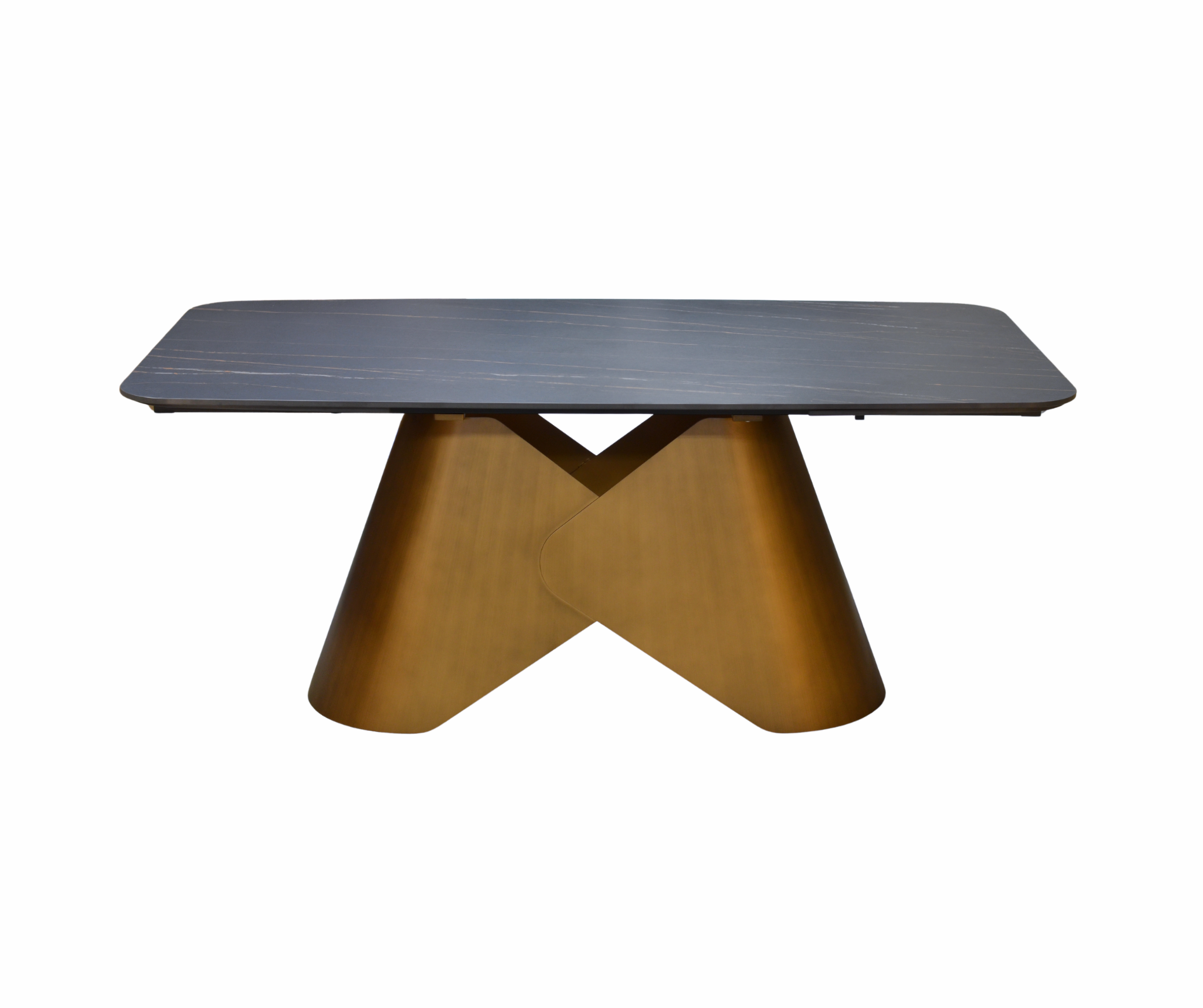 bronze pedestal table base with black sintered stone rectangular top with extensions front view