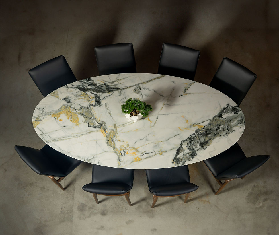 Thumbnail: ceramic dining table with black chairs top view