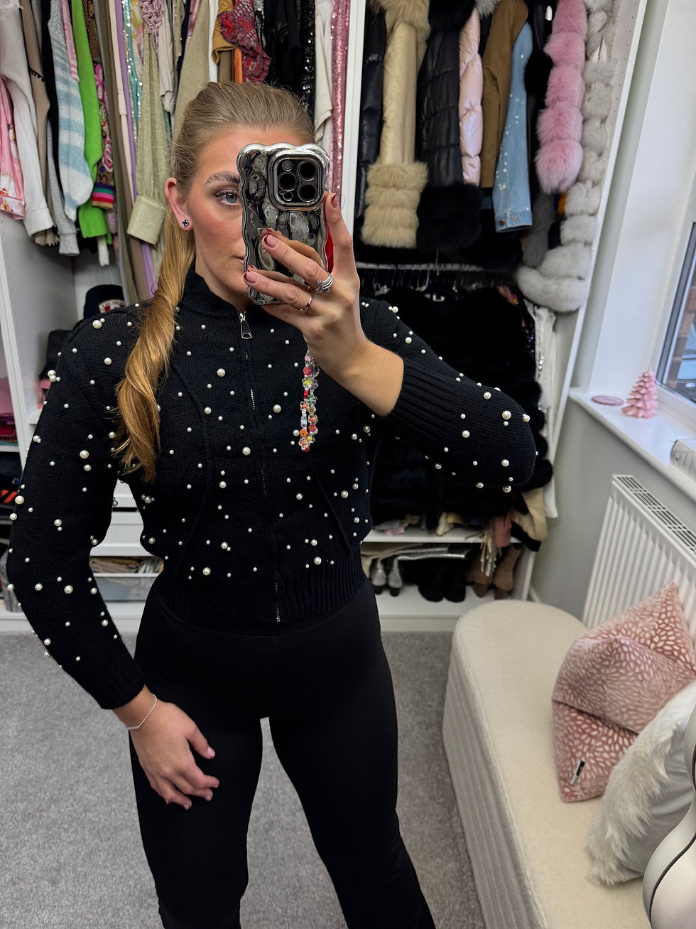 Thumbnail: ‘BIANCA’ Zip Up Pearl Jacket in Black 