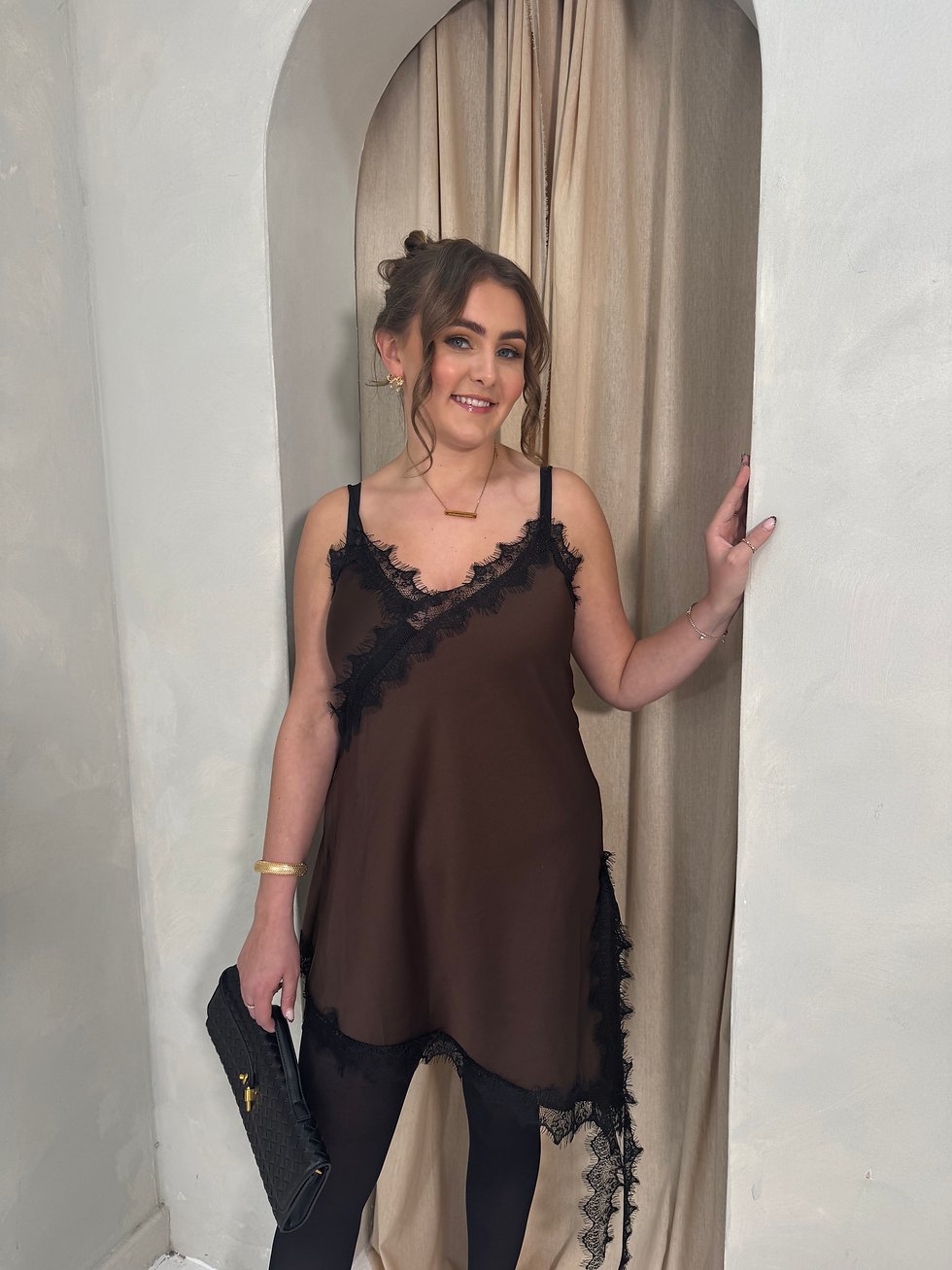 Thumbnail: ‘NOVA’ Lace Trim Slip Dresses Brown