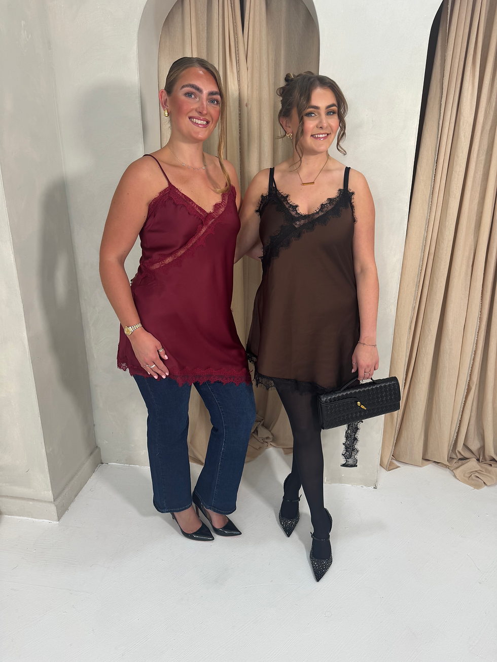 Thumbnail: ‘NOVA’ Lace Trim Slip Dresses Burgundy 