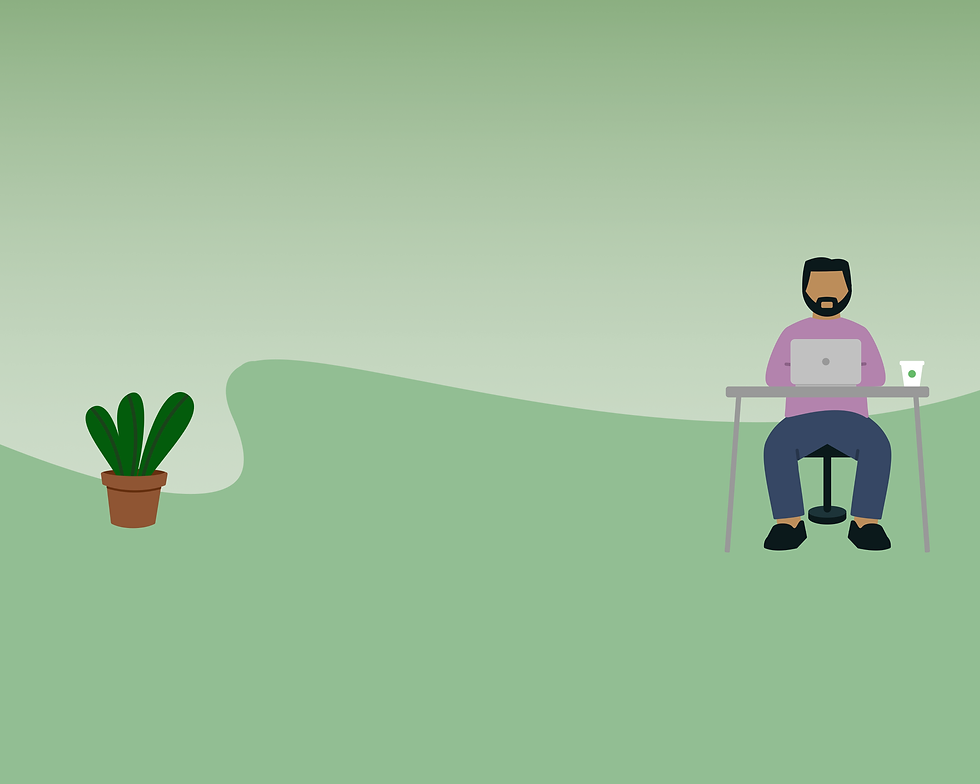 Person sitting at a desk on a computer with a plant over a green background with swoosh design.