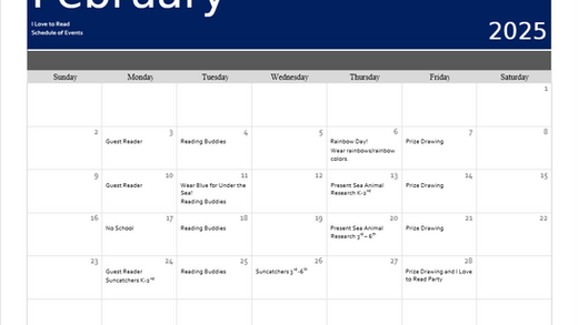 I Love to Read Month is starting. Check the Calendar for the events.