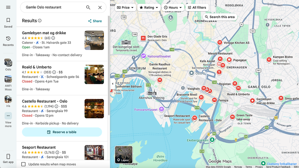 Google Maps-søkeresultater for restauranter i Gamle Oslo