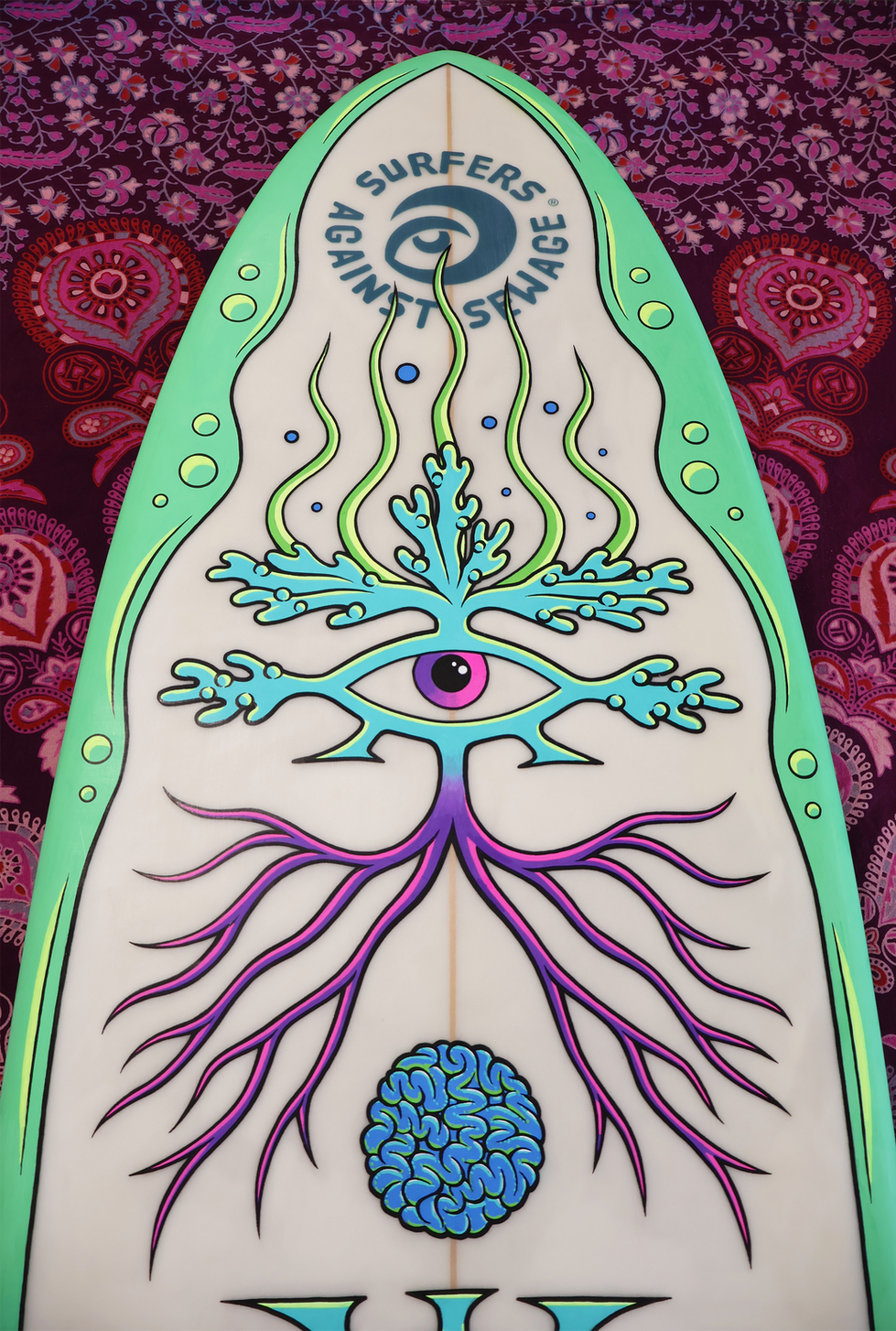 surfers against sewage sick of sewage surfboard painting