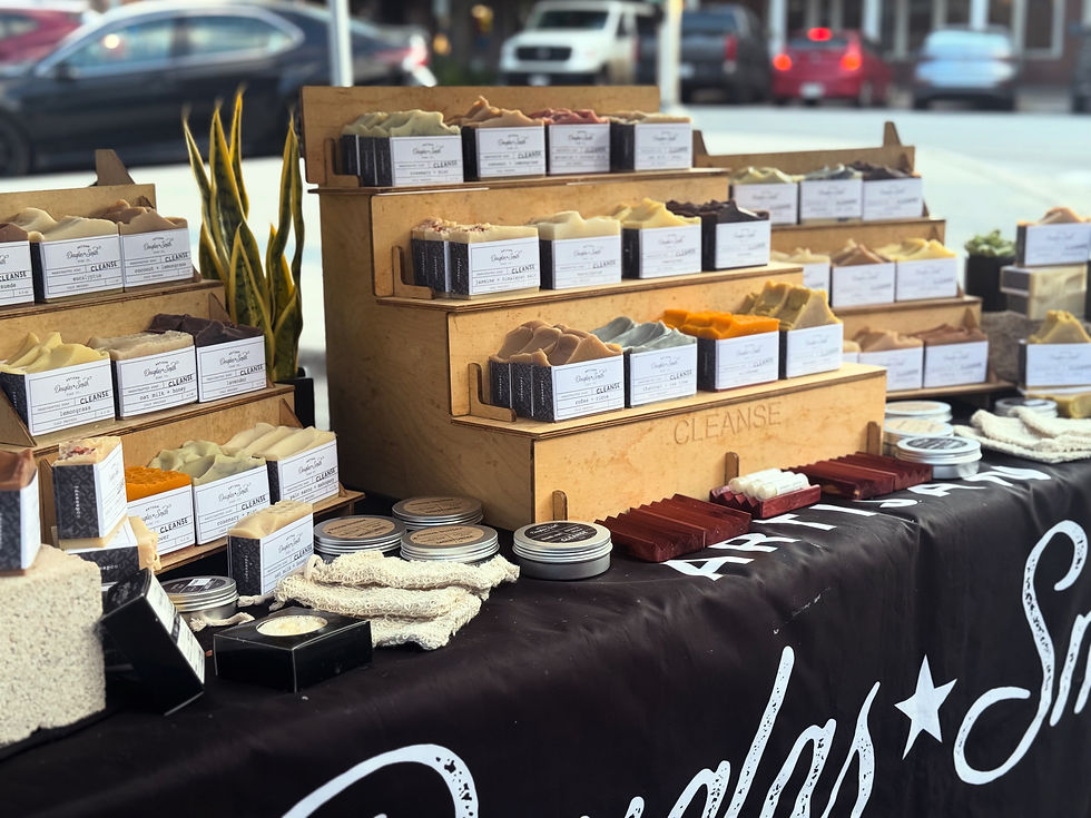 High angle view of a selection of handmade soaps with natural colors