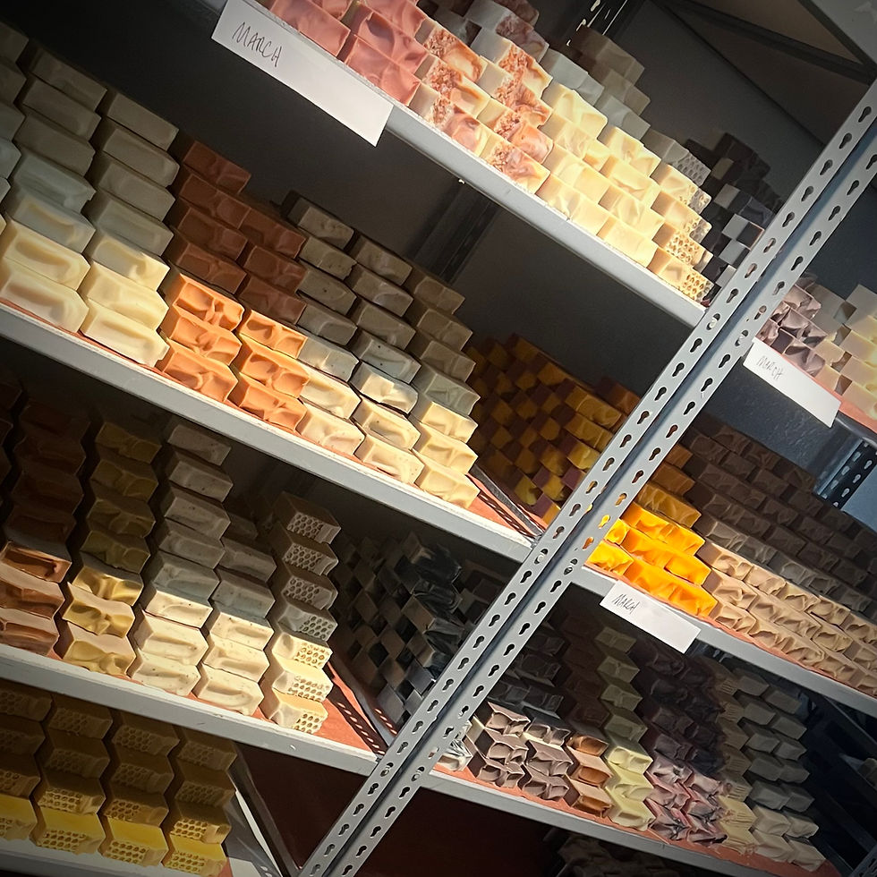 High angle view of a beautiful soaps display with an assortment of colors and scents