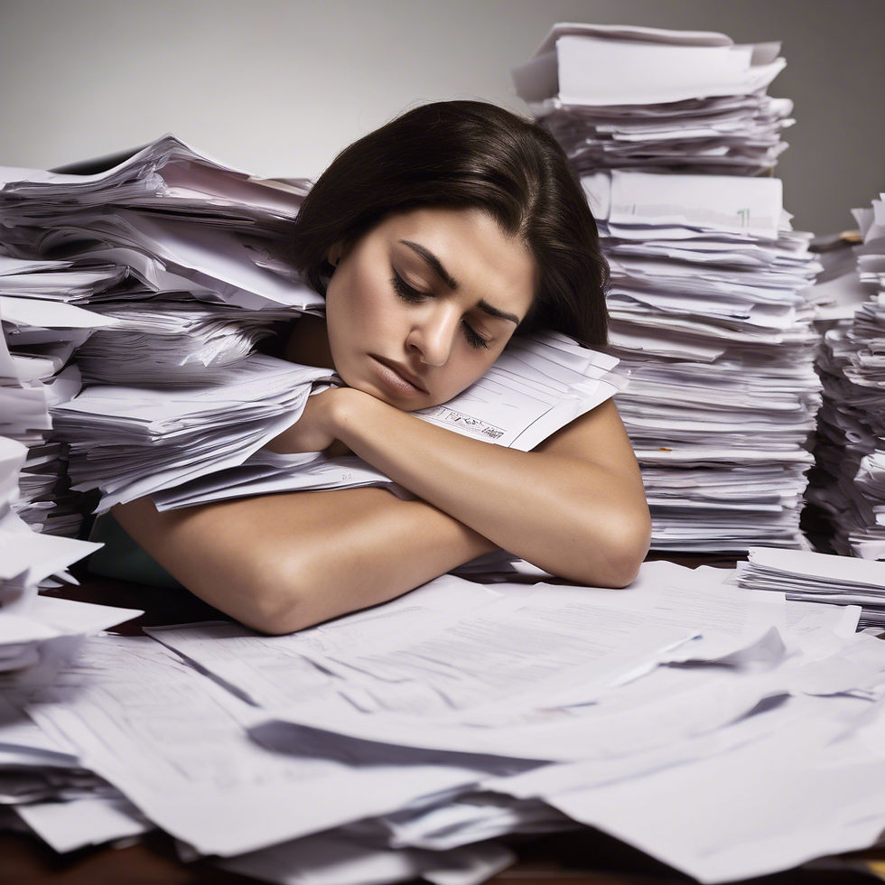 Woman sleeping on a desk surrounded by stacks of papers, showing exhaustion. Background is plain; lighting is soft, highlighting fatigue.