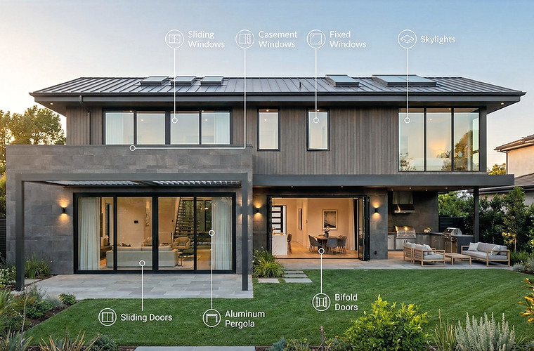 Full-home glazing solutions including sliding windows, doors, bifold doors, fixed and casement windows, and pergola systems.