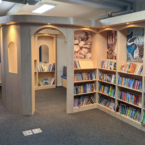 Maple library shelving with books.