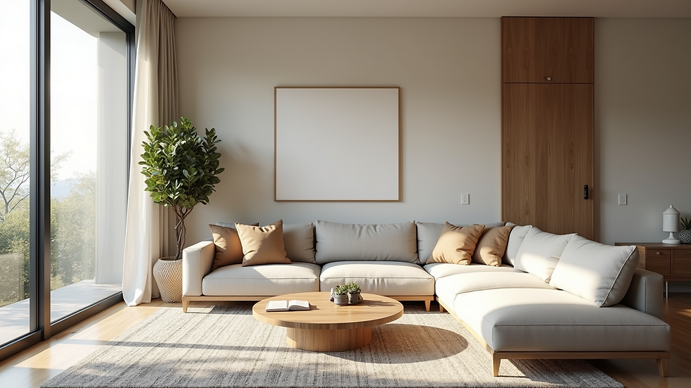 Wide angle view of a modern living room with natural light