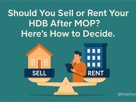Flat-style digital illustration of a person standing between two balanced scale trays, one labeled “Sell” with a house icon and the other labeled “Rent” with a building icon. Title text reads “Should You Sell or Rent Your HDB After MOP? Here’s How to Decide.”