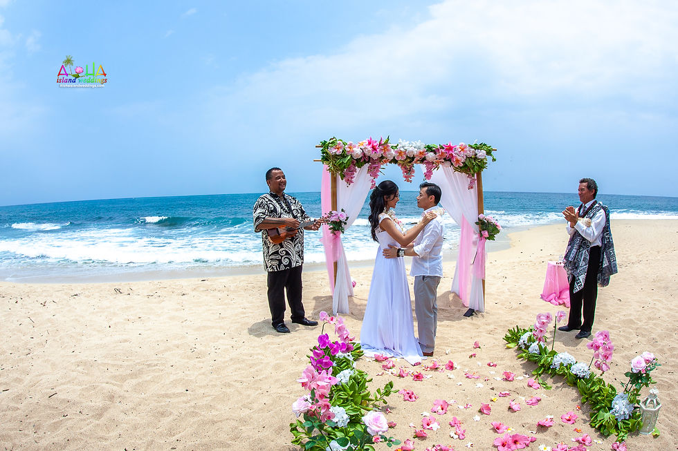 A couple stands under a floral arch on a sandy beach. A musician plays a ukulele while another person claps. Pink and white flowers decorate the scene.