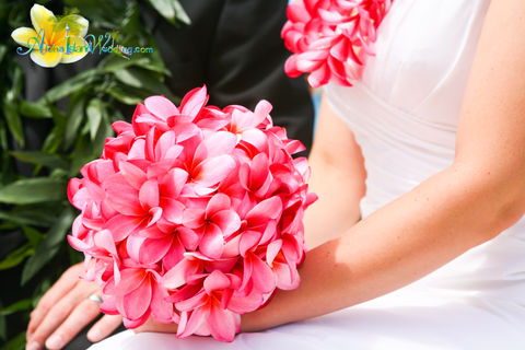 Stylish Wedding bouquet with pink Hawaiian plumeria flowers