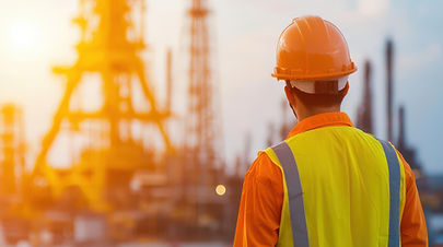 Petroleum engineer looks on at refinery in background
