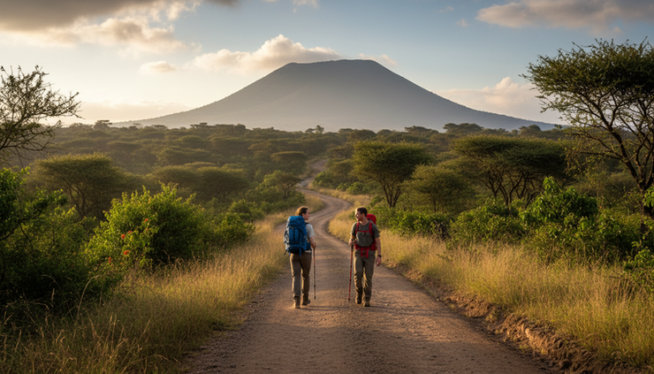 Eye-level view of hikers walking along the road to Kilimambogo summit