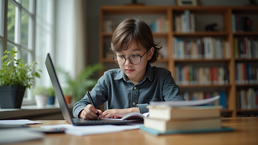 Eye-level view of a student studying with a laptop and books