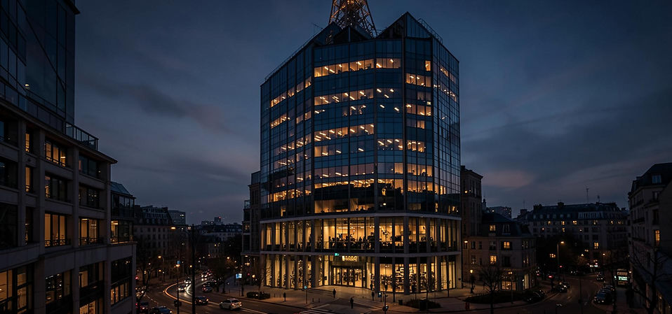 Immeuble de bureaux aux fenêtres éclairées à la tombée de la nuit.