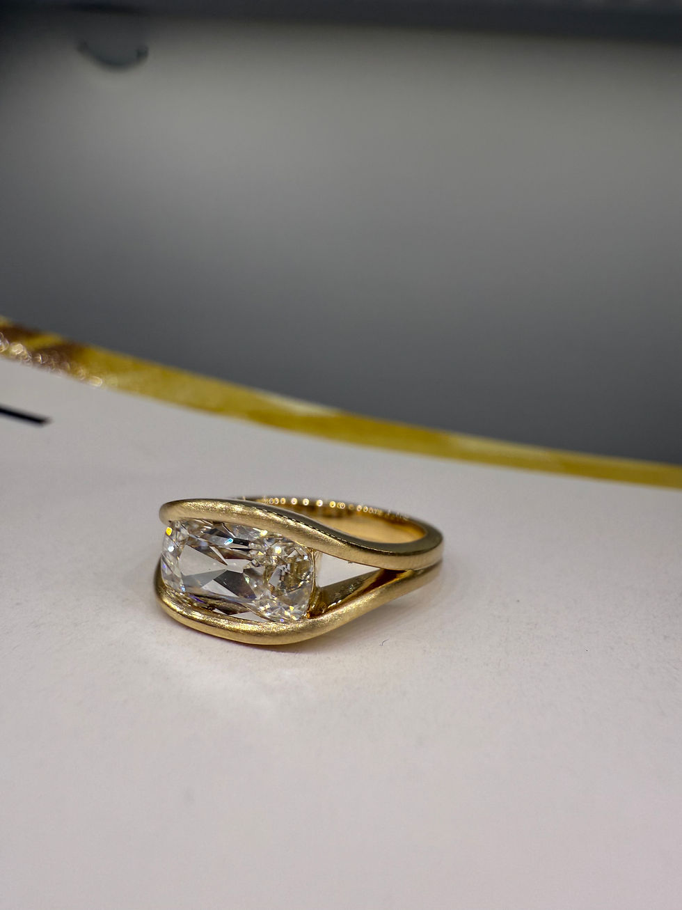 Thumbnail: 1.67 carat E VS2 antique inspired elongated old mine cut east west split shank 