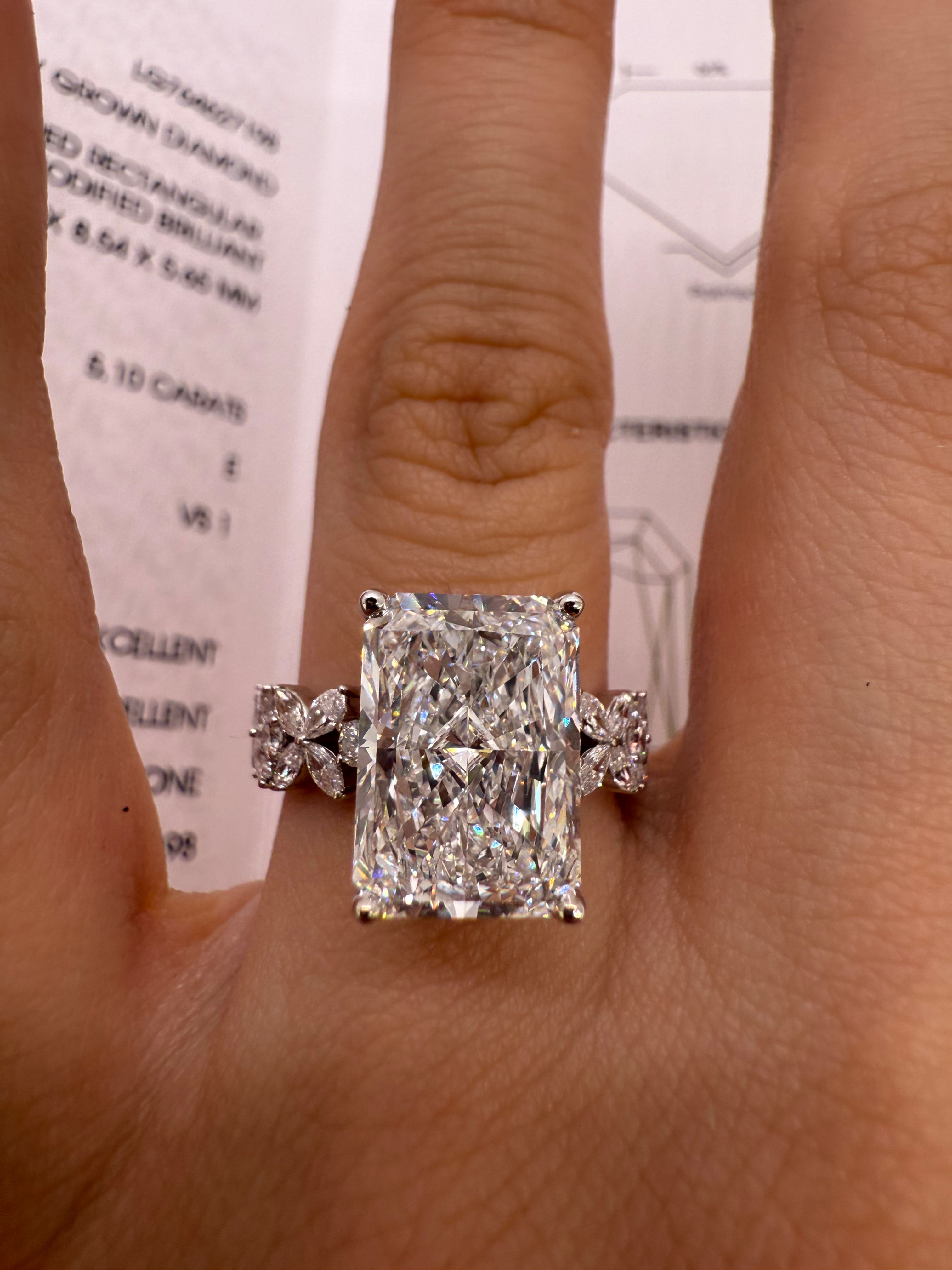 5.10 carat E VS1 radiant cut lab diamond with floral marquise and round diamon