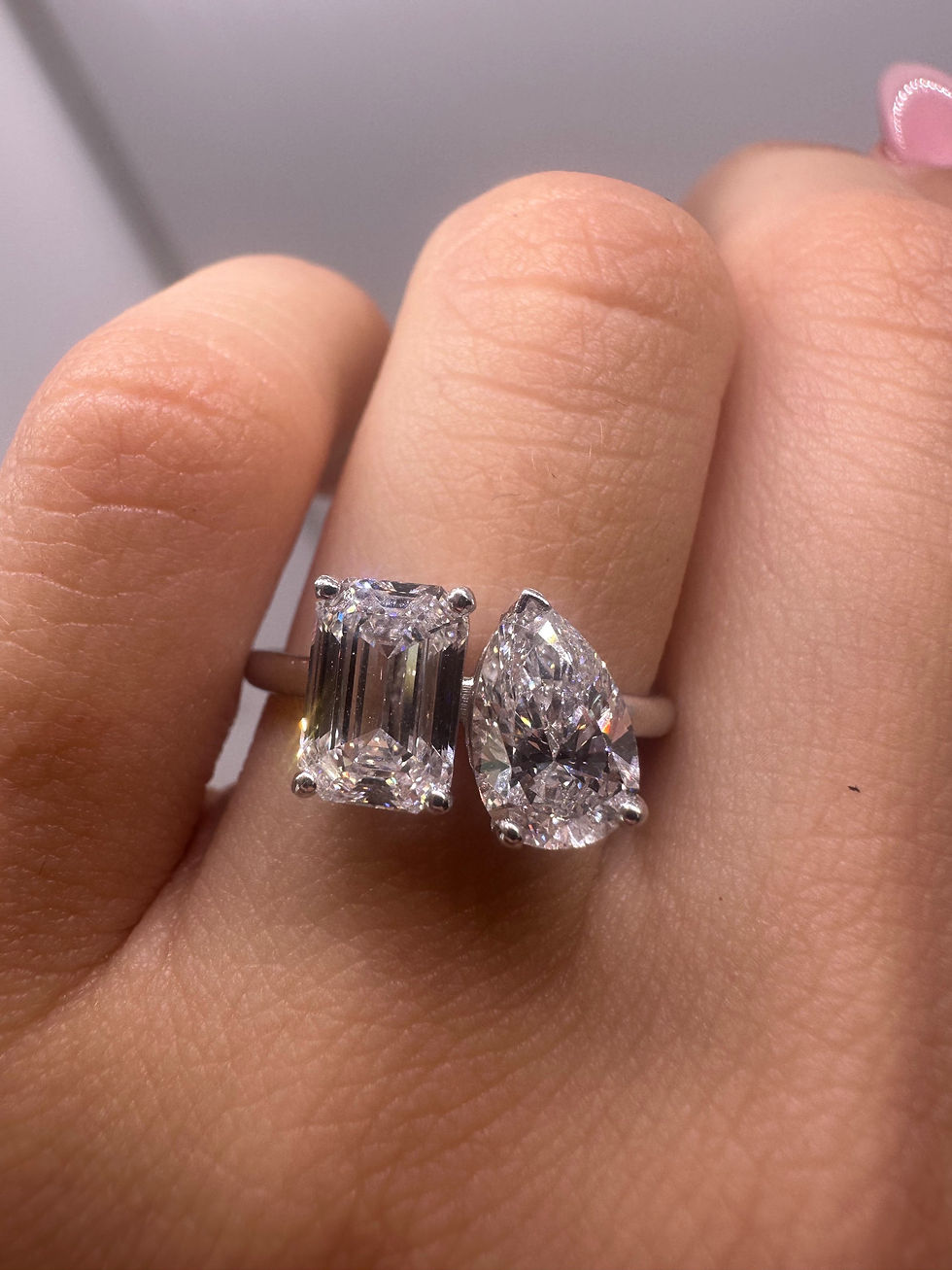 Thumbnail: 2.61 CTW emerald cut and pear toi et moi lab diamond ring 