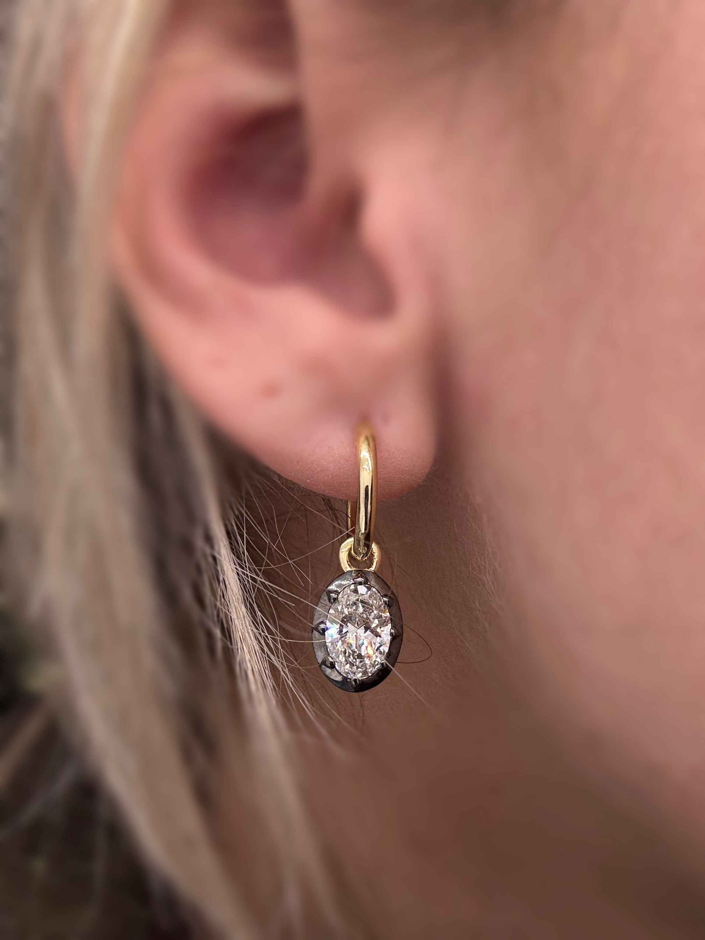 2.04 CTW D VS1 oval hoop drop earrings black rhodium Georgian style 