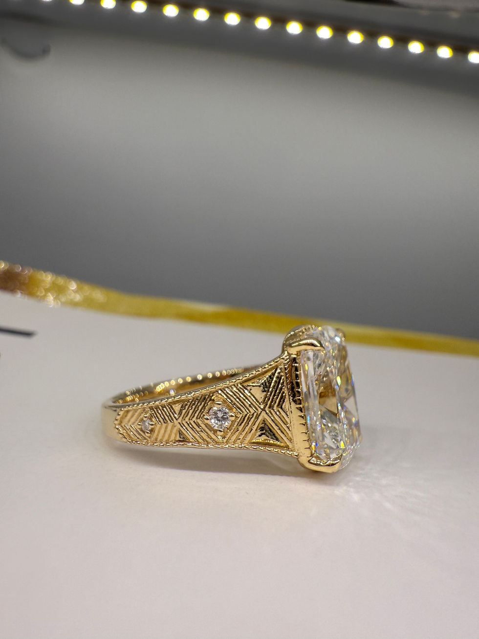 Thumbnail: 5.01 carat F VS1 antique cut cushion lab diamond engraved band 