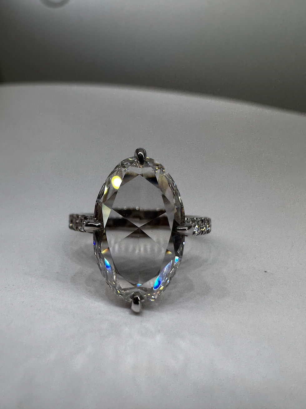 3.32 carat G VS oval rose cut lab diamond 14k pavé band with compass prongs