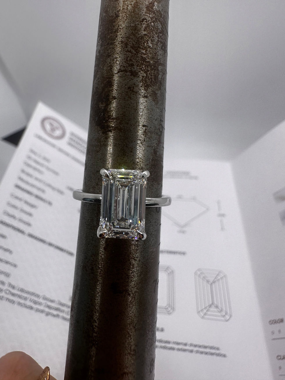 Thumbnail: 3.07 carat E VVS2 emerald cut lab diamond solitaire with hidden halo 