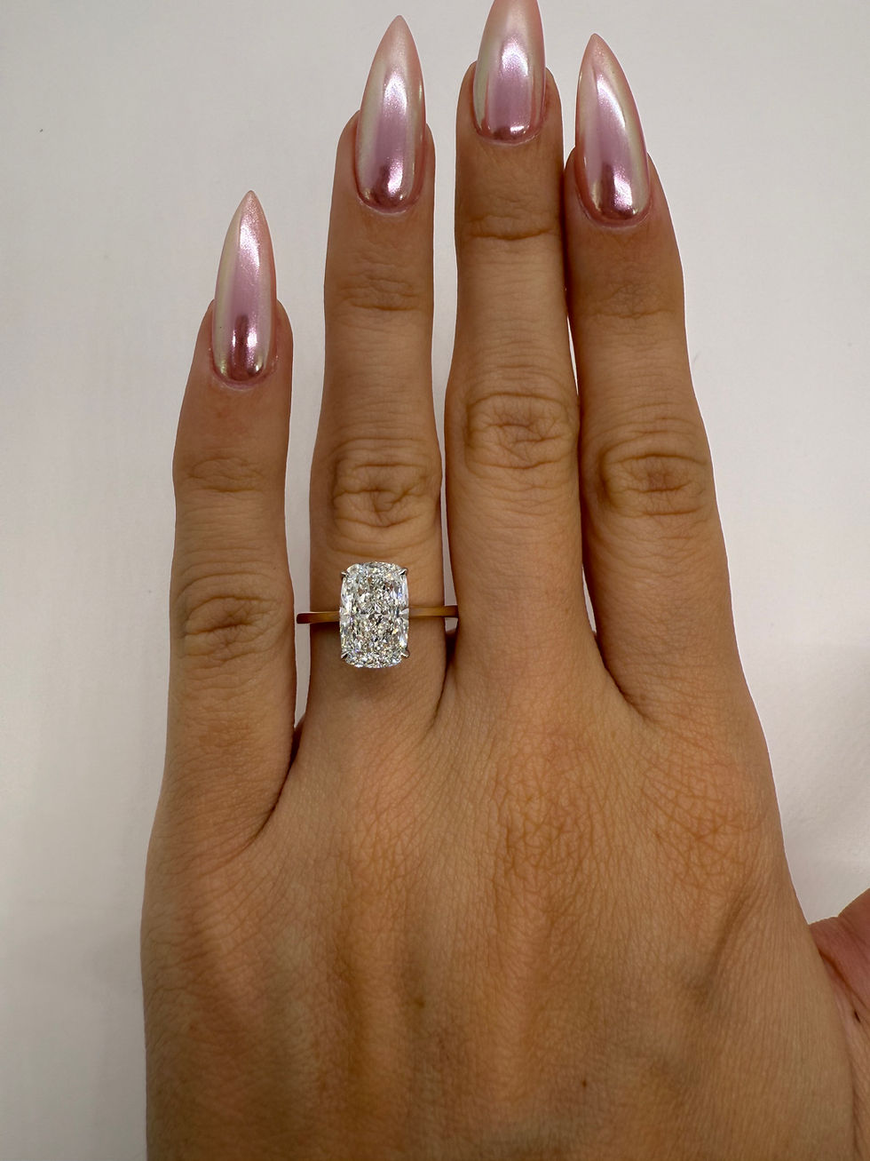 Thumbnail: 3.05 carat E VS1 elongated cushion solitaire with tulip basket and hidden halo 