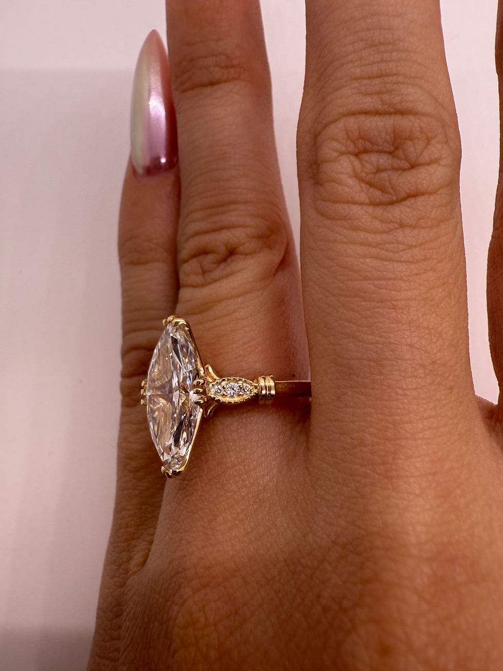 Thumbnail: 3.05 carat F VVS2 marquise lab diamond vintage style compass prongs 