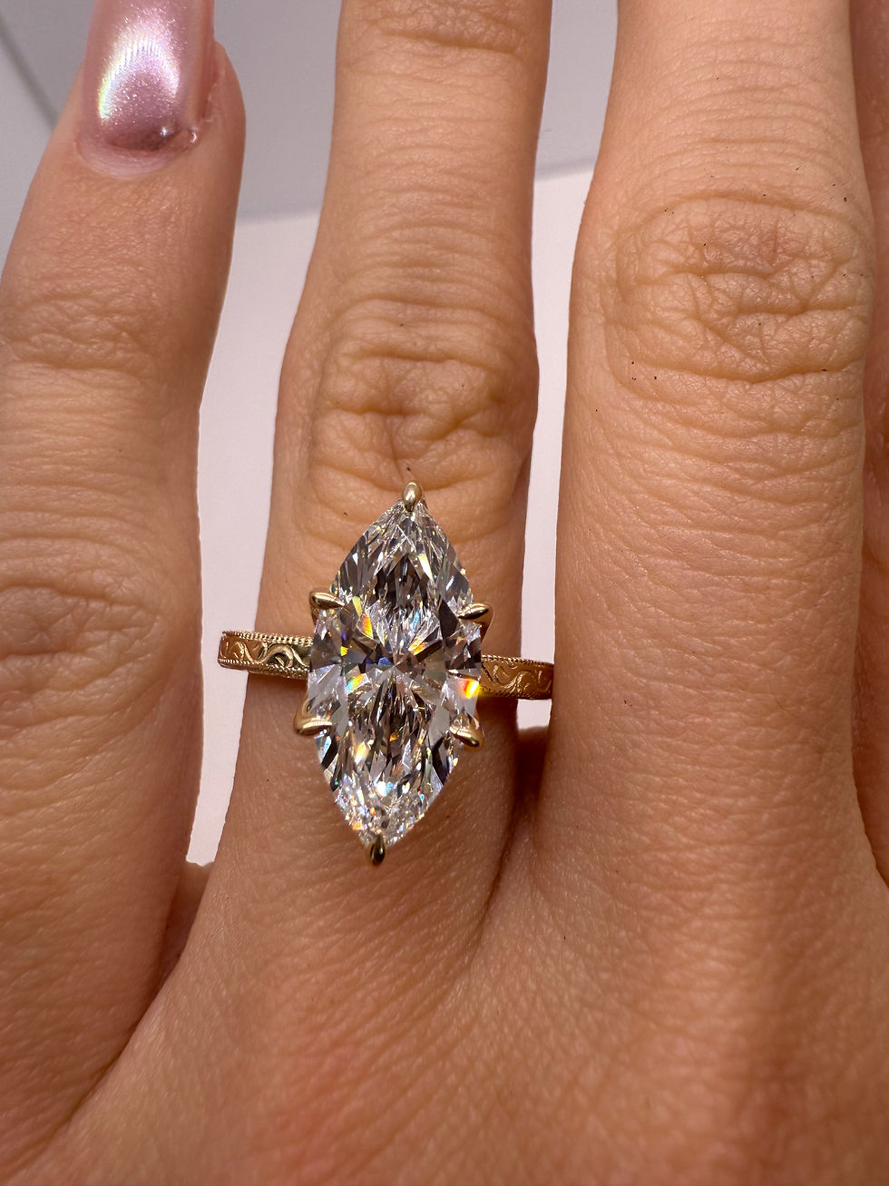 Thumbnail: 3.02 carat F VS1 marquise lab diamond solitaire with engraved band 