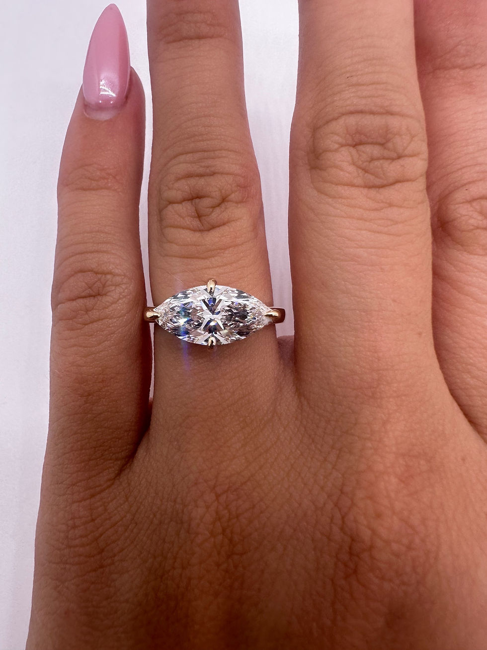 Thumbnail: 2.25 carat E VVS2 marquise lab diamond east west with compass prongs 