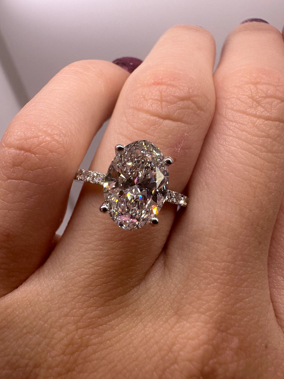 Thumbnail: 2.56 carat F VS1 oval lab diamond on a pavé band 14k white gold 