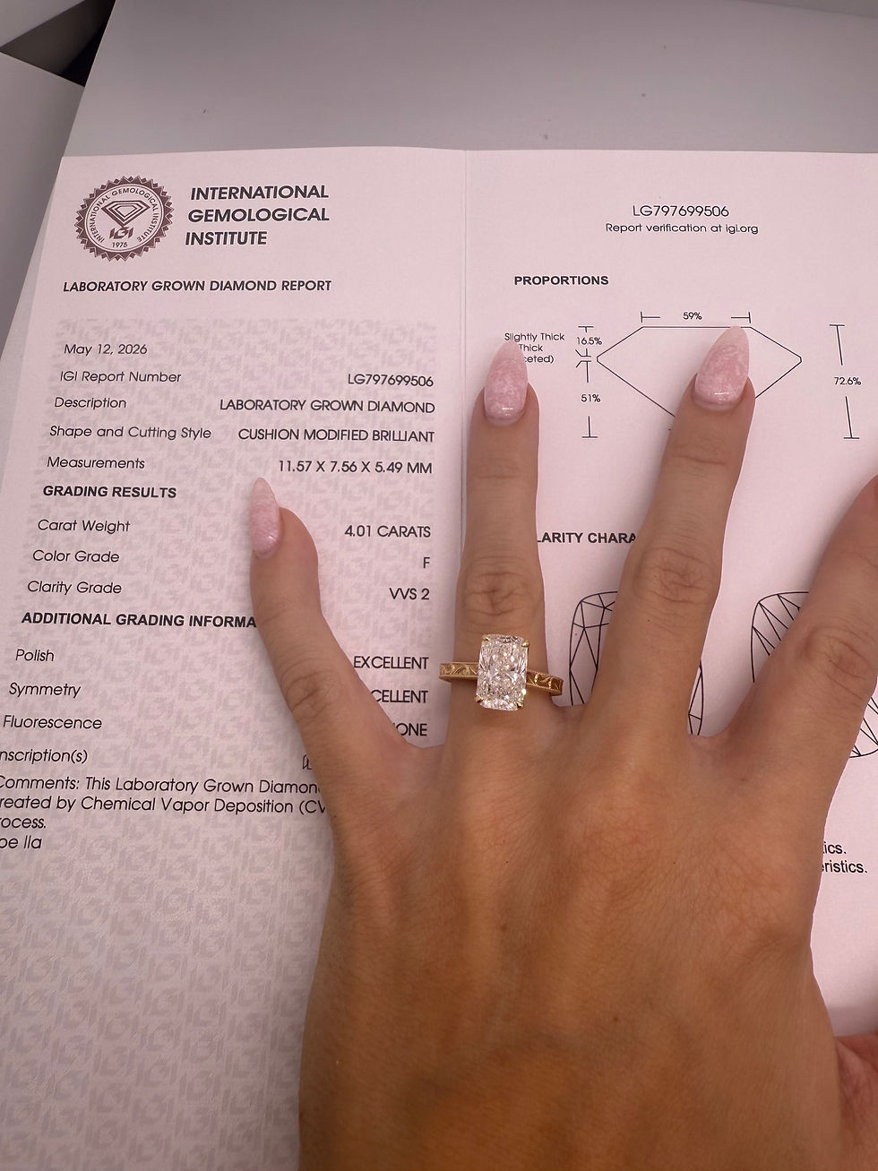 Thumbnail: 4.01 carat F VVS2 cushion lab diamond with engraved band 