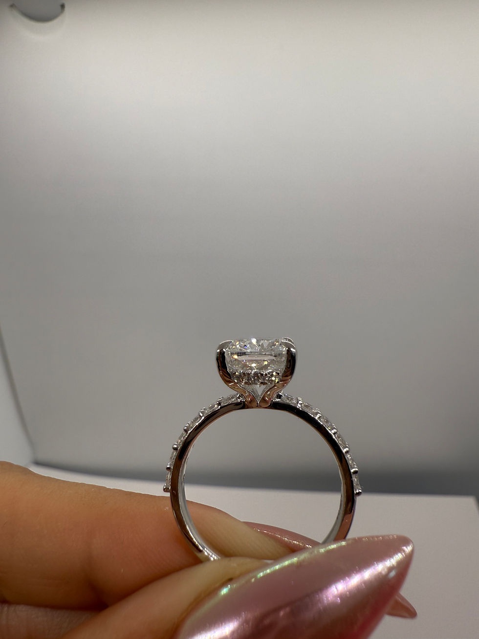 Thumbnail: 4.01 carat E VS1 cushion lab diamond with a pave band and hidden halo 