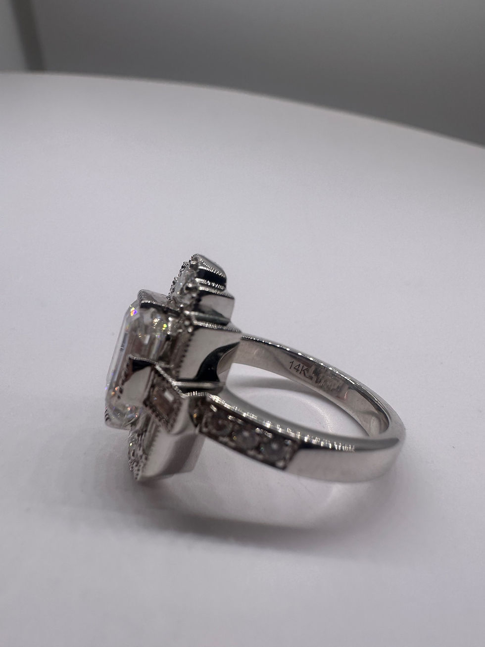 Thumbnail: 3 carat emerald cut moissanite with vintage style halo 