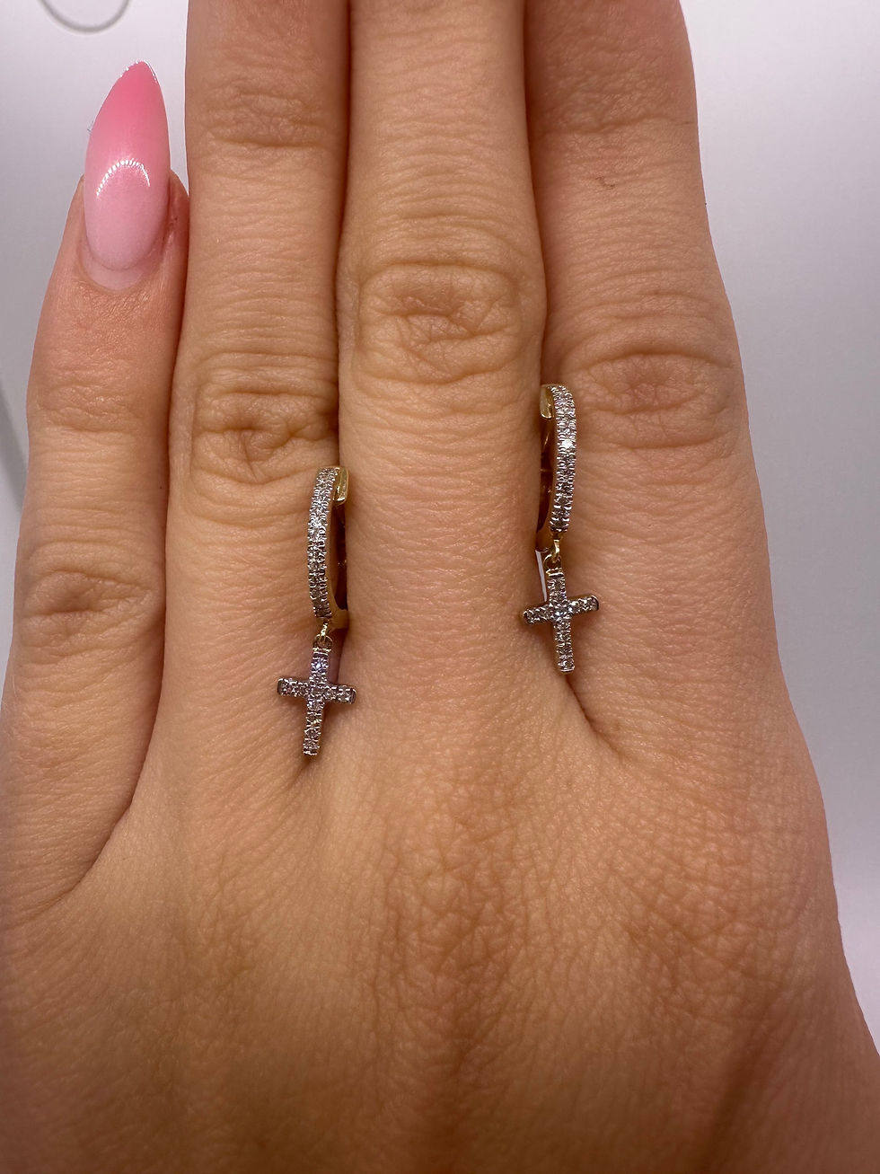 Thumbnail: Natural diamond dangly cross natural diamond hoop earrings  