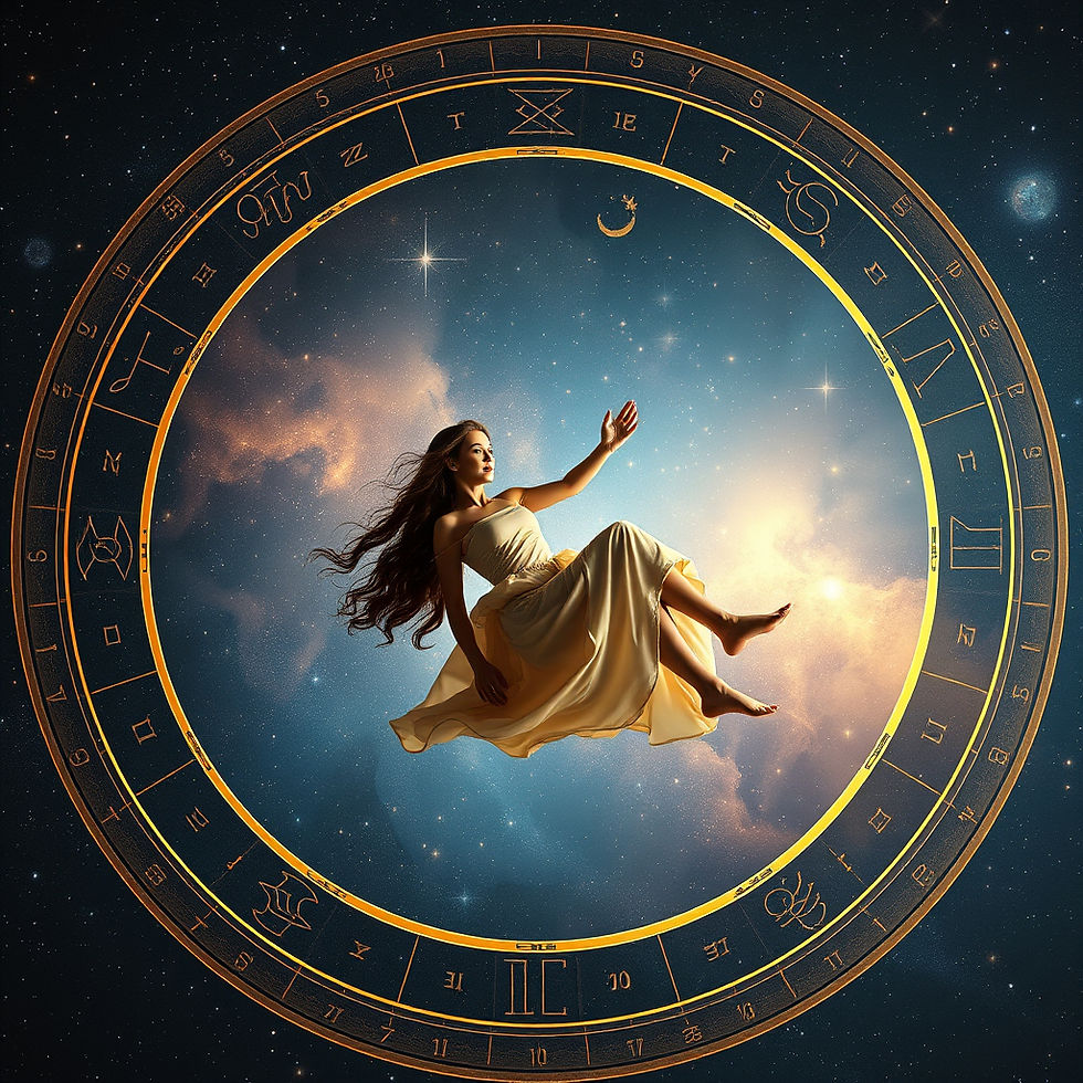 A human being floating through a horoscope-style circular star chart, dreamy and mystical,