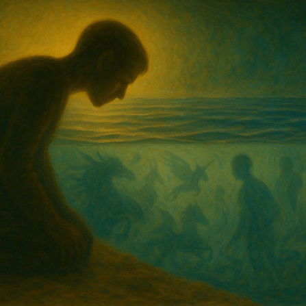 Фигура человека, погружённого в размышления, на фоне символического пространства внутреннего мира. Образ внутренней жизни и глубин психики — психоаналитический взгляд на личность.