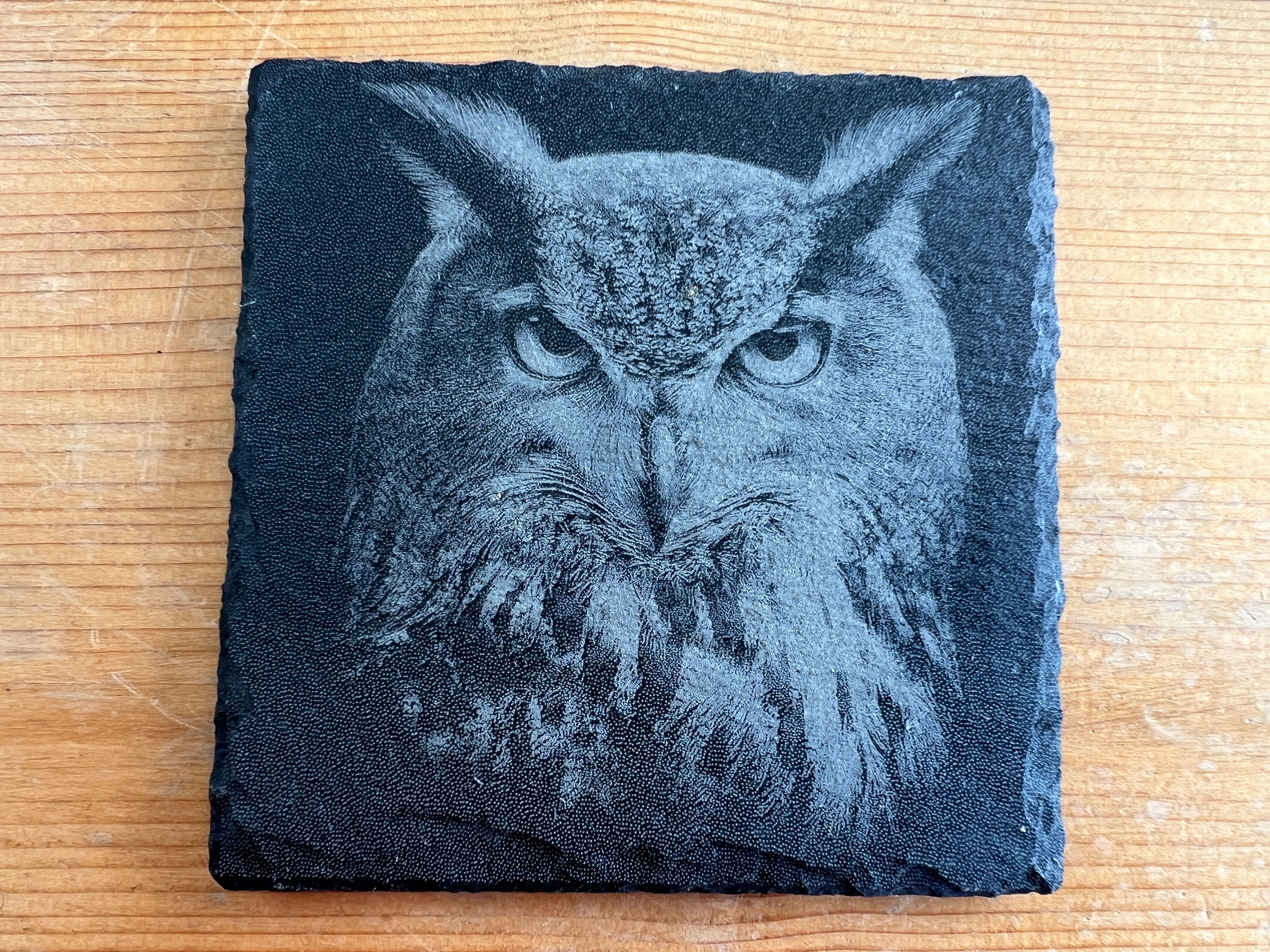 Country Style Long Eared Owl Engraved Slate Drinks Coaster