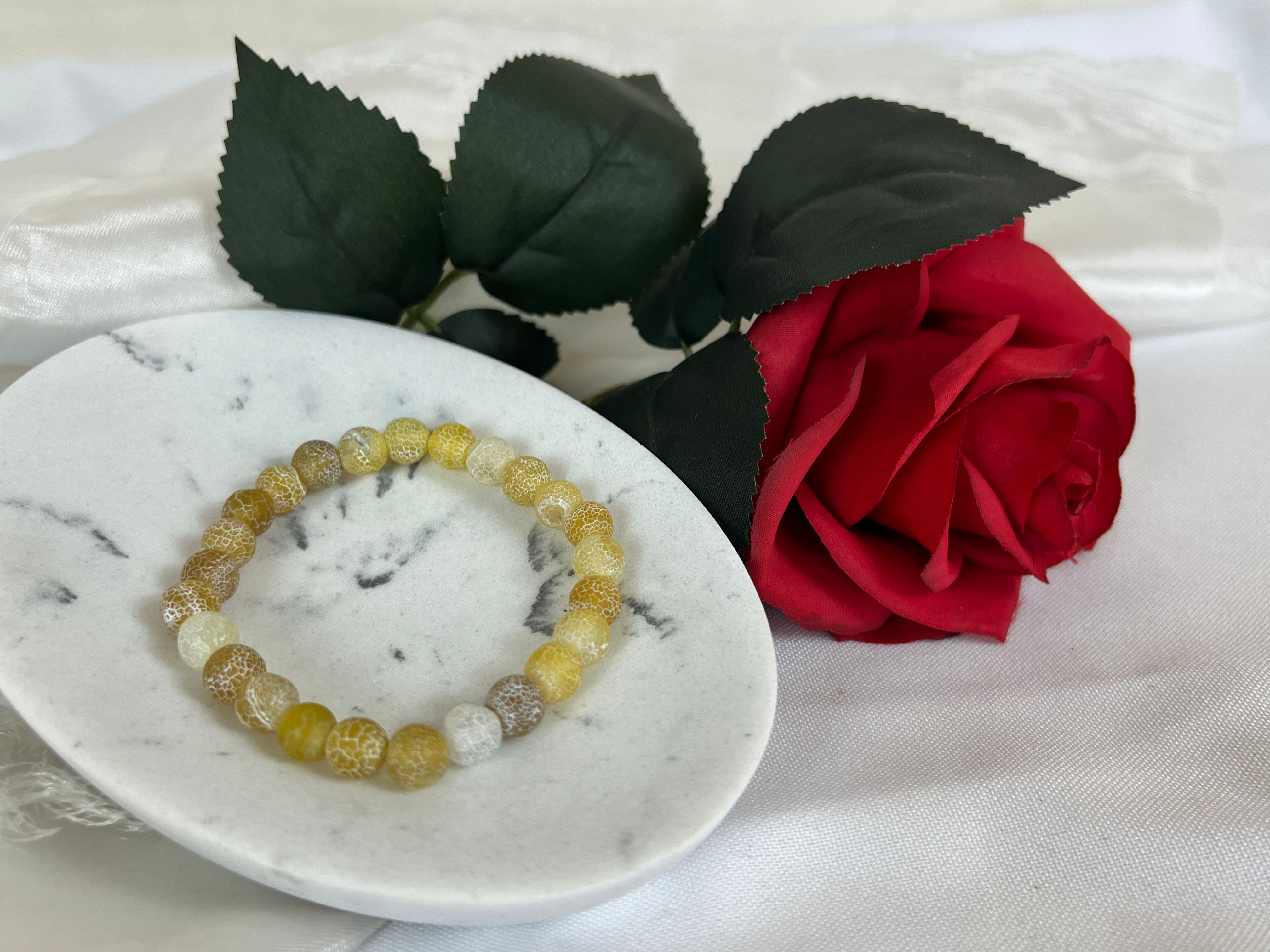 Handmade Natural Weathered Agate Bracelet with Yellow Round Beads