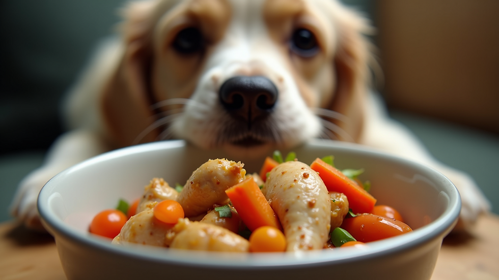 Eye-level view of a bowl filled with fresh cooked chicken and vegetables for dogs