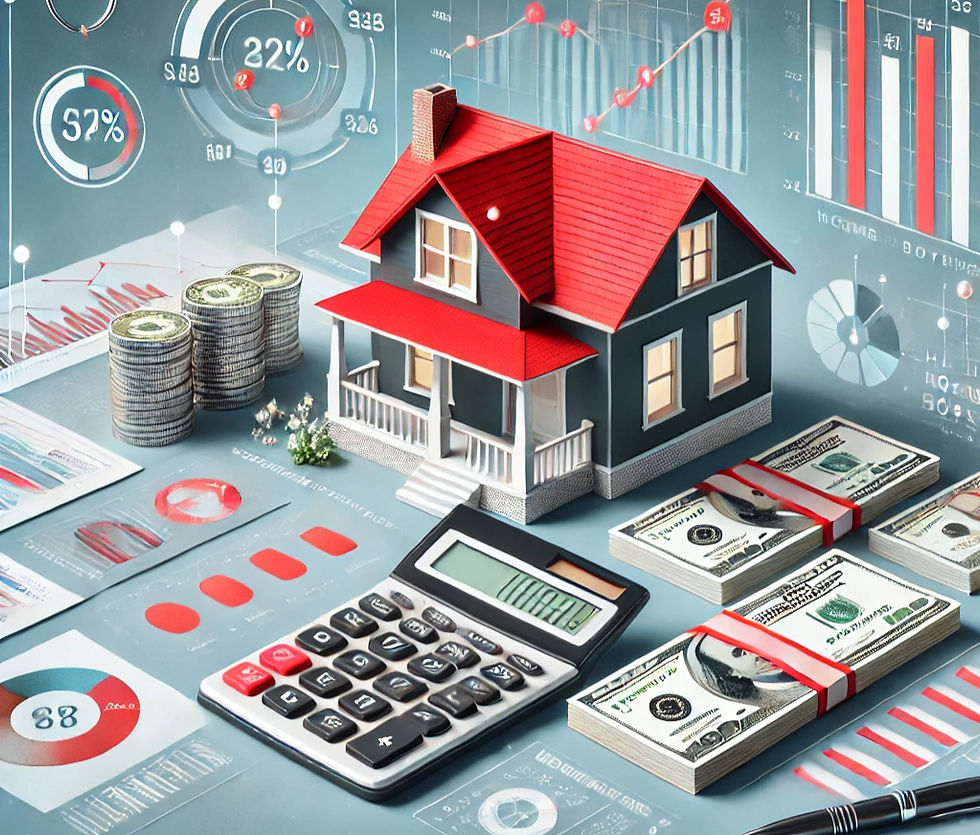 Red House with financial charts, money, and a calculator surrounding it.